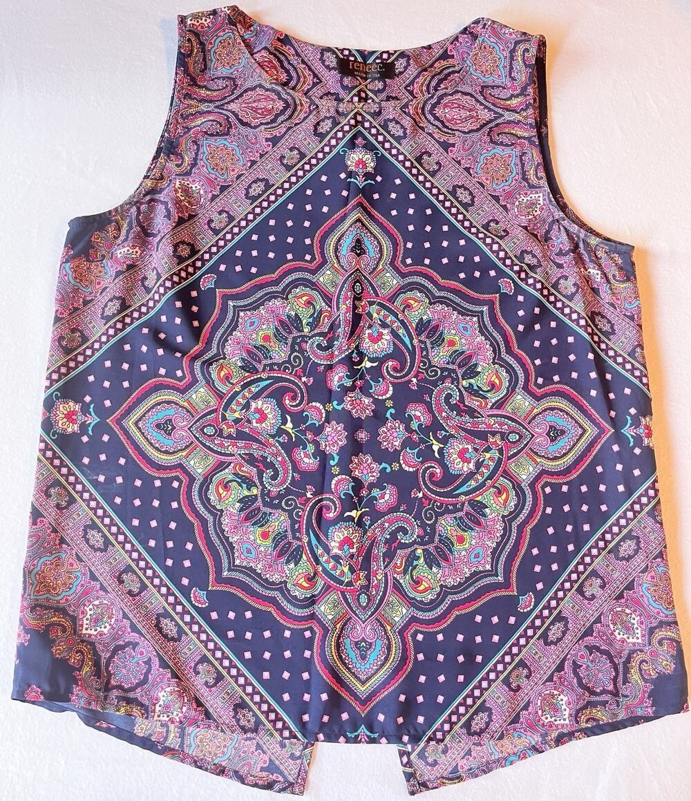 Renee C. Split Back Paisley Sleeveless Blouse, Size Large